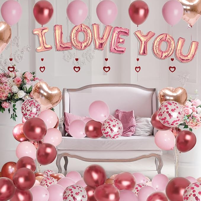 Bonropin Valentine's Day Balloons Kit with Rose Gold Pink Heart, I Love You Balloon, Rose Petals for Valentine, Anniversary, Wedding, Mother's Day, Romantic Special Night Decorations