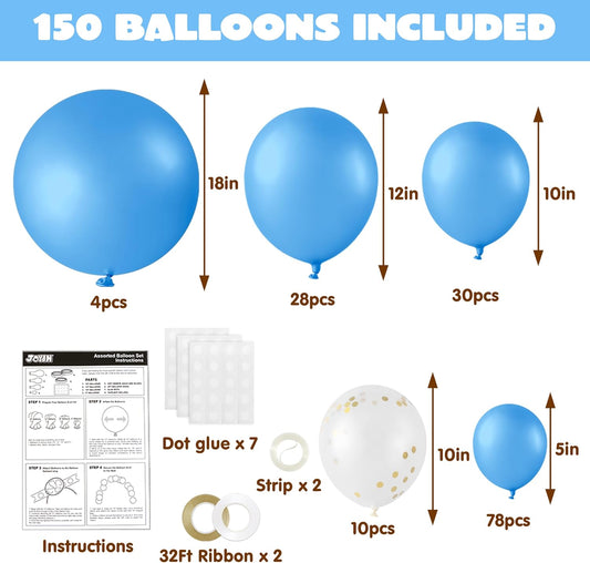 JOYIN 150 Pcs Light Blue Balloons, Different Sizes 18 12 10 5 Inch Light Blue Latex Balloon Arch Kit with Instruction for Birthday Party Graduation Wedding Holiday Decoration
