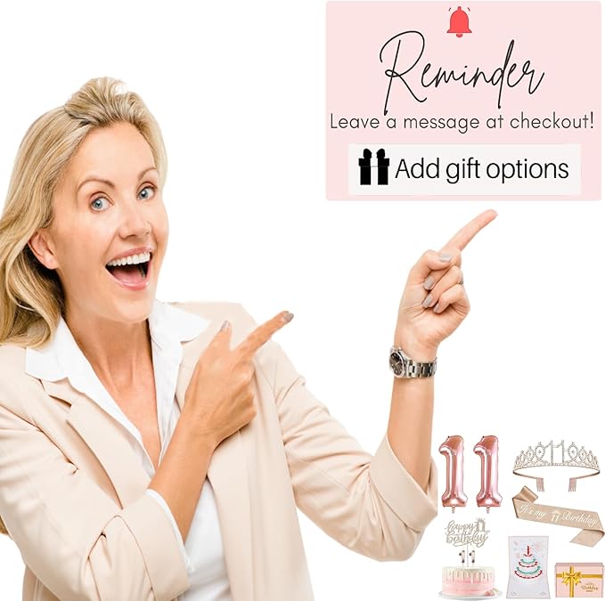 11th Birthday Decorations for Girls, Including 11th Birthday Sash and Tiara, 11 Candles and Cake Toppers, Rose Gold 11 Balloons and 3D Birthday Card, 11th Birthday Gifts for Girls 11 Year Old Birthday Party