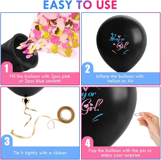 Jumbo 36 Inch Gender Reveal Balloons - 2pcs Big Black Gender Reveal Confetti Balloons with Pink and Blue Heart Shape Confetti for Boy or Girl Baby Shower ideas Decoration