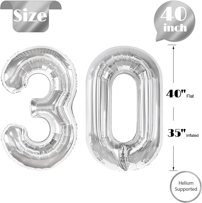 Silver Number 30 Balloon 40 inch, 30 Number Balloons, 30th Silver Birthday Decorations for Girls Boys Kids, 30 Year Old Women Men Silver Party Supplies