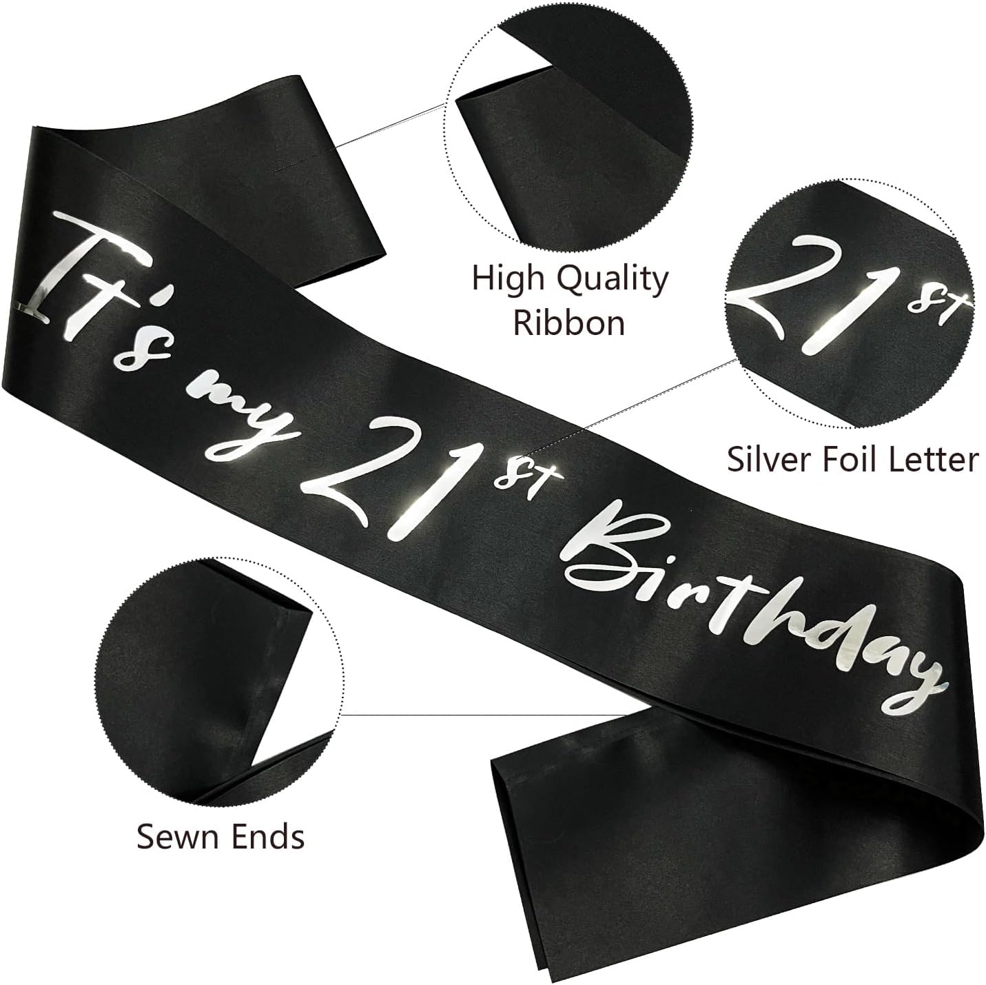 21st Birthday Sash, Black Satin Soft Sashes with Silver Foil Letter, Birthday Decorations for Girls or Boys, Happy 21st Birthday Party Favor Supplies,Black Silver