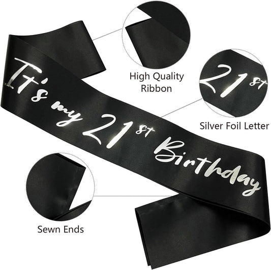21st Birthday Sash, Black Satin Soft Sashes with Silver Foil Letter, Birthday Decorations for Girls or Boys, Happy 21st Birthday Party Favor Supplies,Black Silver