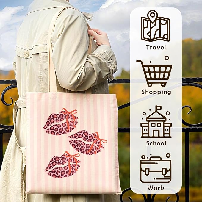 Coquette Bow Pink Leopard Lip Tote Bag for Women,Trendy Cheetah Print Canvas Tote Bag for Girls,Girly Leopard Lip Print Aesthetic Reusable Shopping Grocery Bags Party Favors