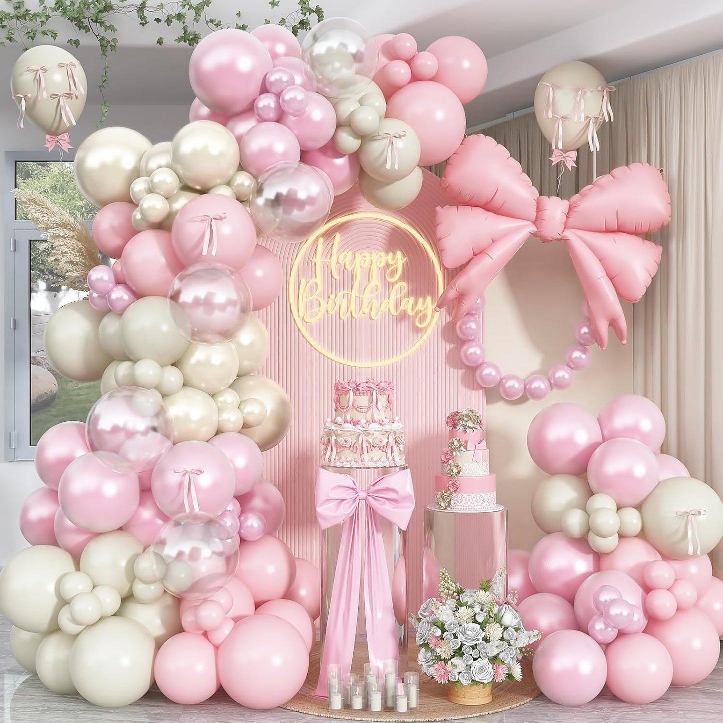 Double Stuffed Pearl White and Pink Balloon Arch Garland Kit, Pearl White Beige with Pink Bow Foil Balloons for Girls Women Wedding Bridal Baby Shower Bachelorette Coquette Birthday Party Decorations
