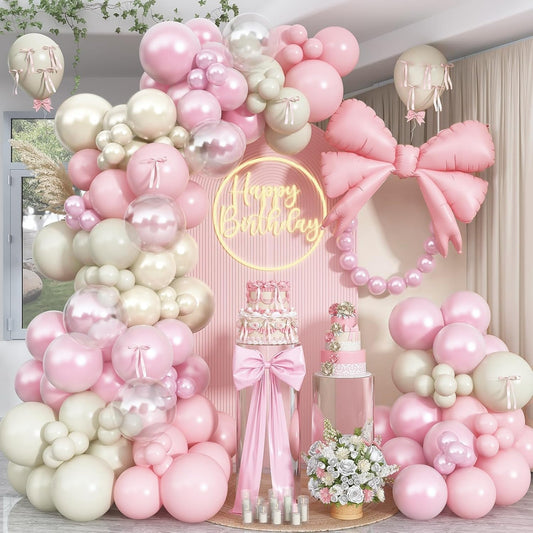 Double Stuffed Pearl White and Pink Balloon Arch Garland Kit, Pearl White Beige with Pink Bow Foil Balloons for Girls Women Wedding Bridal Baby Shower Bachelorette Coquette Birthday Party Decorations