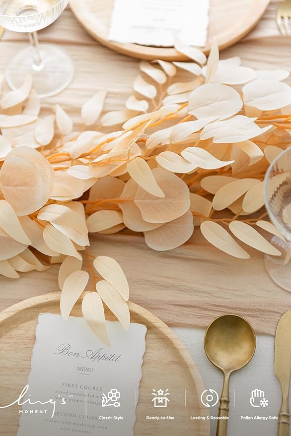 Ling's Moment Eucalyptus Garland for Table, 5.9ft White & Beige Fake Eucalyptus Wreaths with Willow, 2pcs Real Touch Leaf Garland for Wedding Centerpieces Arch Rehearsal Dinner Bridal Shower