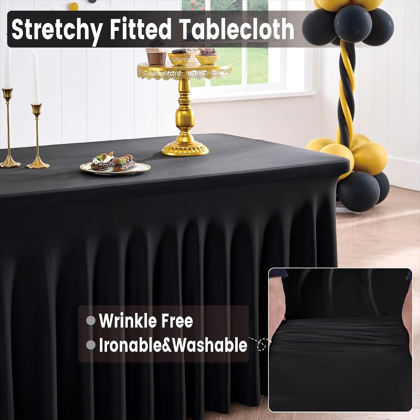 Outpain Black Spandex Table Clothes for 5 Foot Rectangle Tables-2Pack 5FT Spandex Fitted Table Cover, Wrinkle Free Tablecloths with Skirt for Parties, Wedding, Birthday, Banquet, Festival