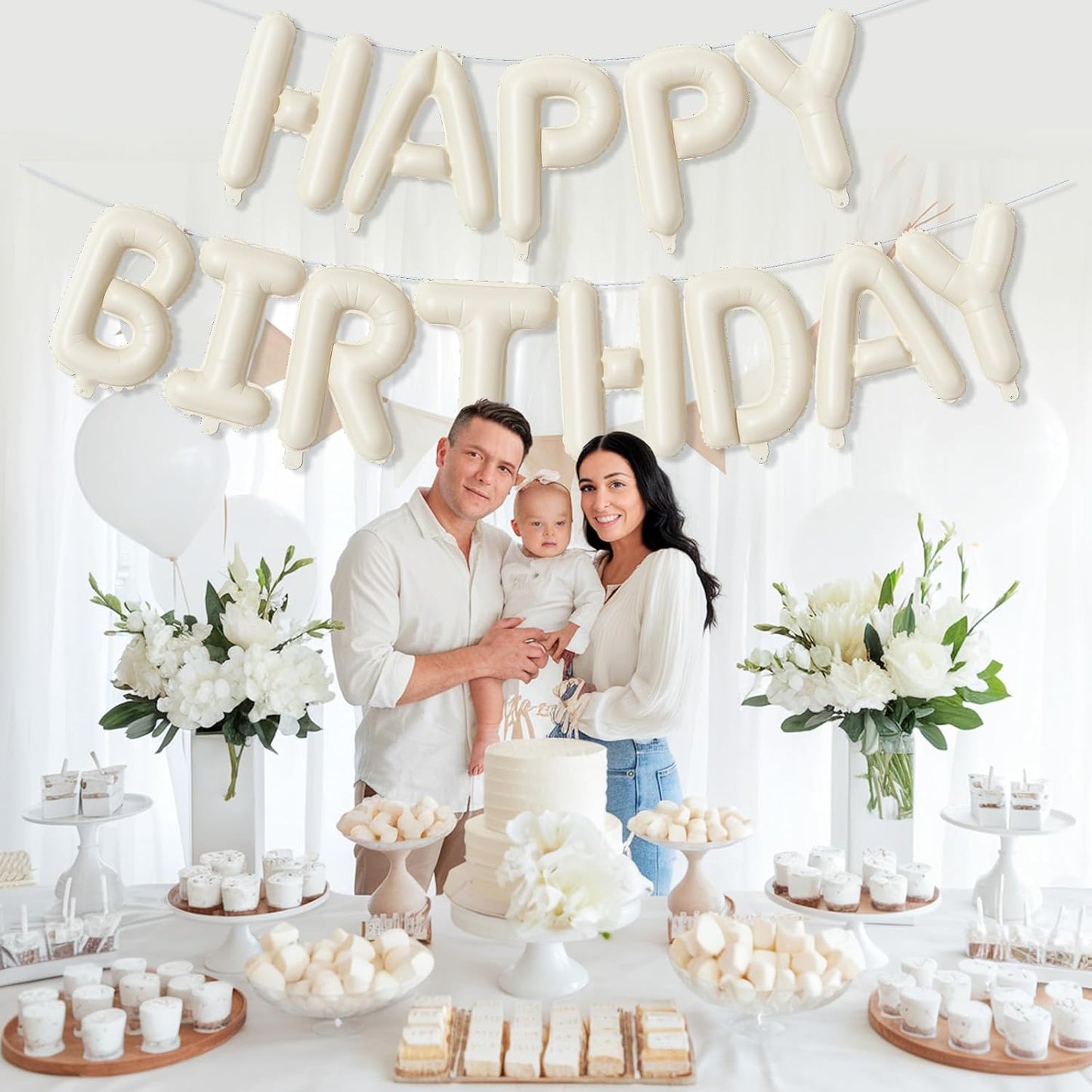 Cream Happy Birthday Balloon Banner, Neutral Beige Happy Birthday Foil Balloon, 16 Inch Ivory White Sand Born Day Bunting Banner Letter Balloons for Men Women Birth Party Decorations Supplies