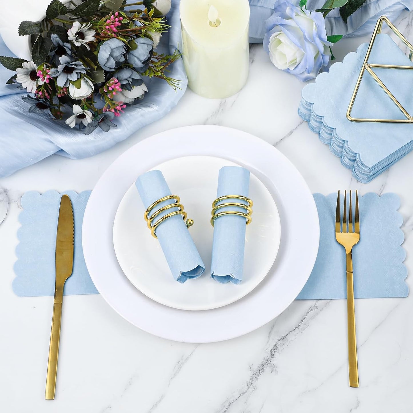 120 Pcs Cocktail Napkins Light Blue Napkins Boy Baby Shower Napkin Disposable Scalloped Blue Beverage Dessert Napkin for Birthday Wedding Baby Bridal Shower, 5 x 5 Inch