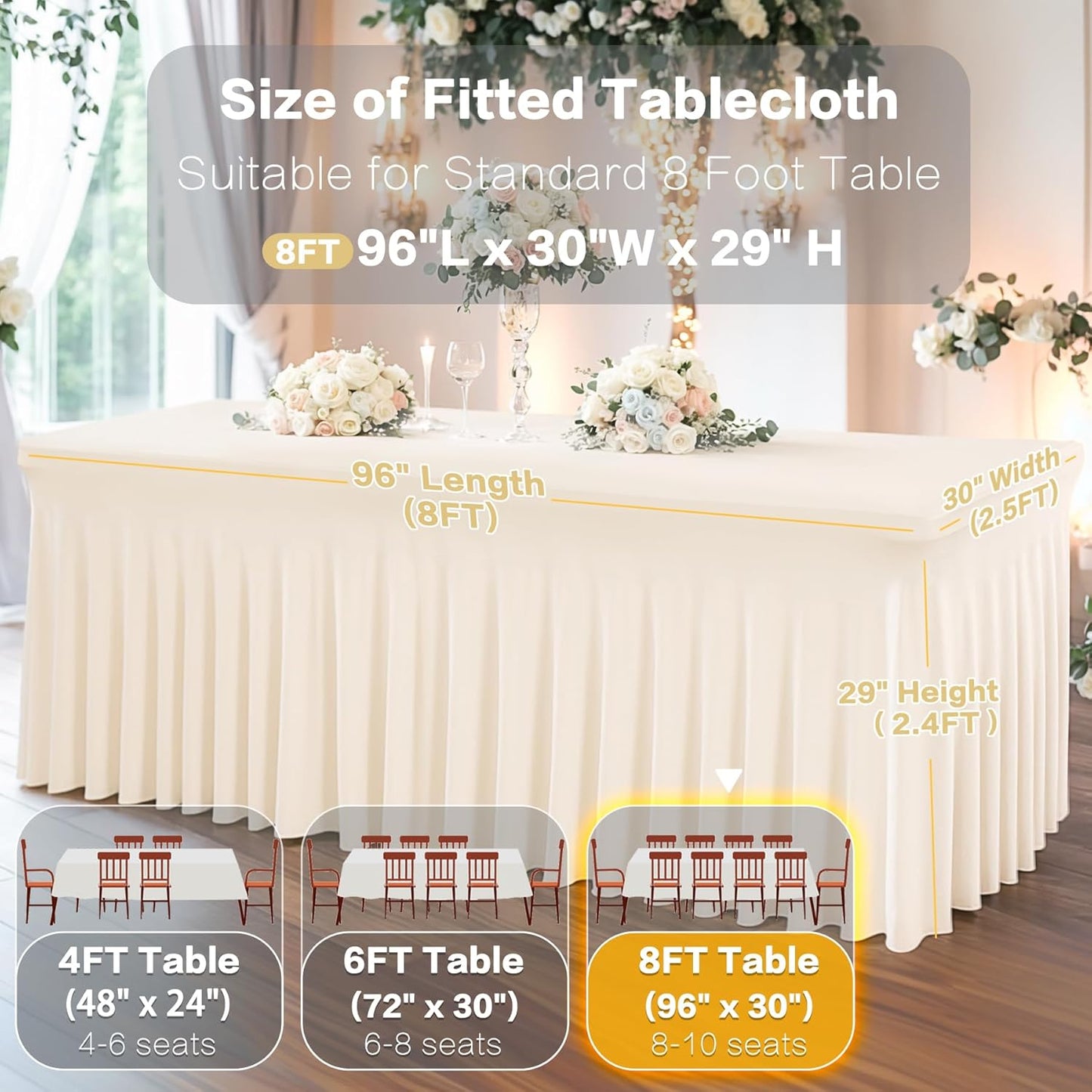 Ivory Spandex Table Covers 8ft, 6 Packs Fitted Table Covers for 8 Foot Tables Stretch Spandex Table Skirts Rectangle Tables for Event, Wedding, Banquet & Parties