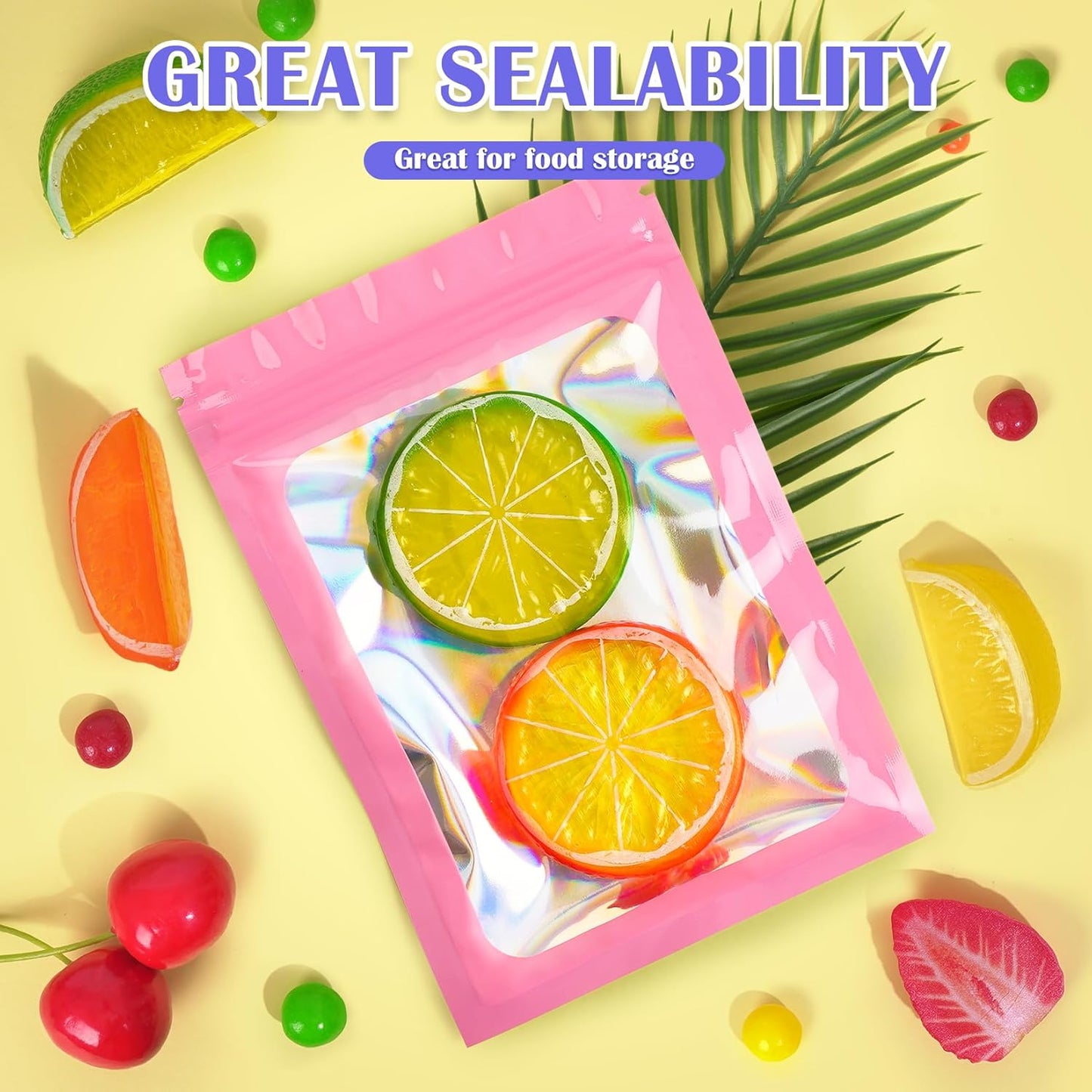 100 PCS Mylar Bags, Pink Holographic Bags, Smell Proof Bags, Resealable Bags for Small Business, Sealable Bags for Packaging, Foil Pouch Bags for Food Storage, Bracelets, Jewelry（2.4x3.9in）