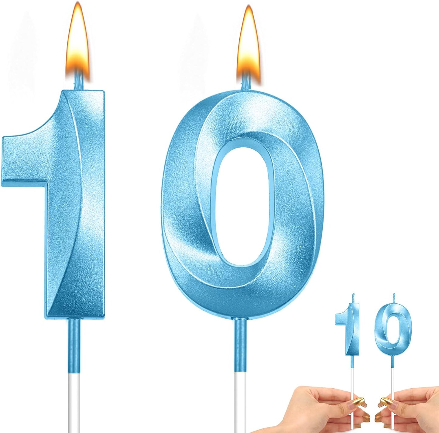 Number 10 Candle 10th Birthday Decorations for Boys - 2 Blue Birthday Candles (Number 1 & 0) - Modern, Odorless, Non-Toxic, Smokeless - Perfect for Birthdays, Anniversaries & Parties