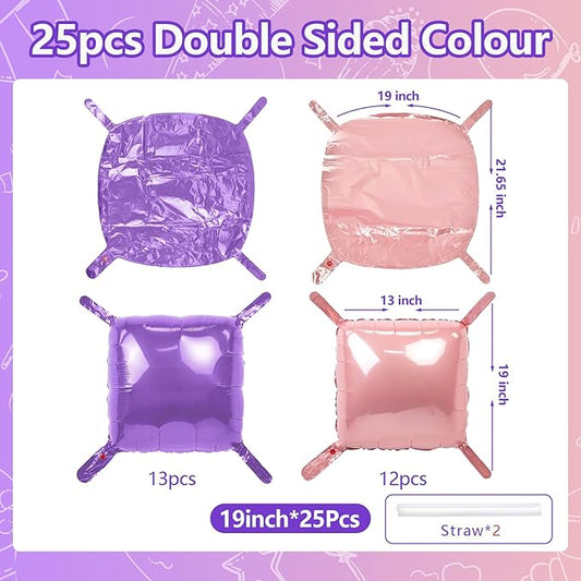 NISOCY 25PCS Pink Purple Square Foil Balloons Wall Backdrop Double Sided Purple Pink Balloons Arch Kit for Birthday Valentine's Day Engagement Bridal Shower Girls Theme Party Decorations