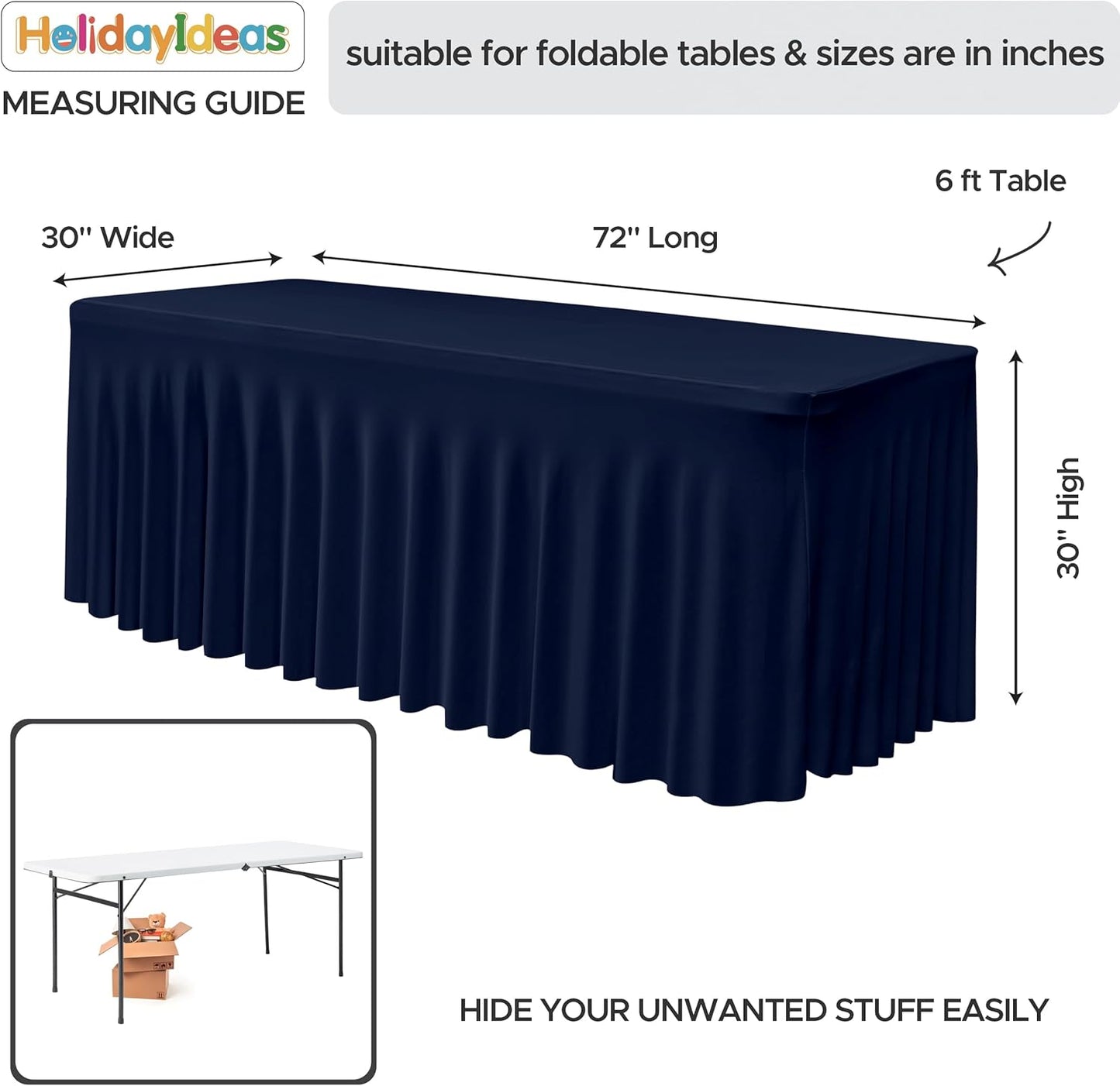HolidayIdeas Spandex Table Skirts for Rectangle Tables 6 Ft, Fitted Stretch Table Cover 30x72 Inch, Wrinkle-Free Ruffle Design Tablecloths for Banquets,Trade Shows, Parties, Events, 4 Pack, Navy