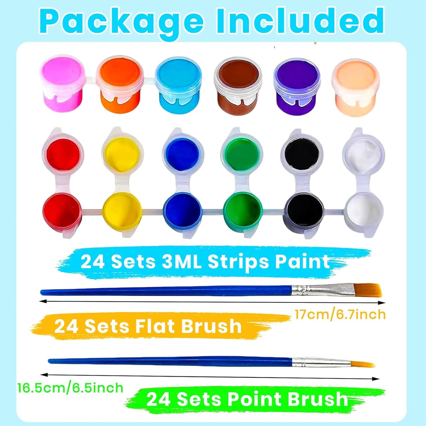 24 Pack Mini Acrylic Paint Set, 12 Colors Washable Acrylic Paint Strips with 48Pcs Painting Brushes for Kids&Adults Paint, 336 PCS Kids Painting Kit for Birthday Party Favor, Classroom, Art Gift