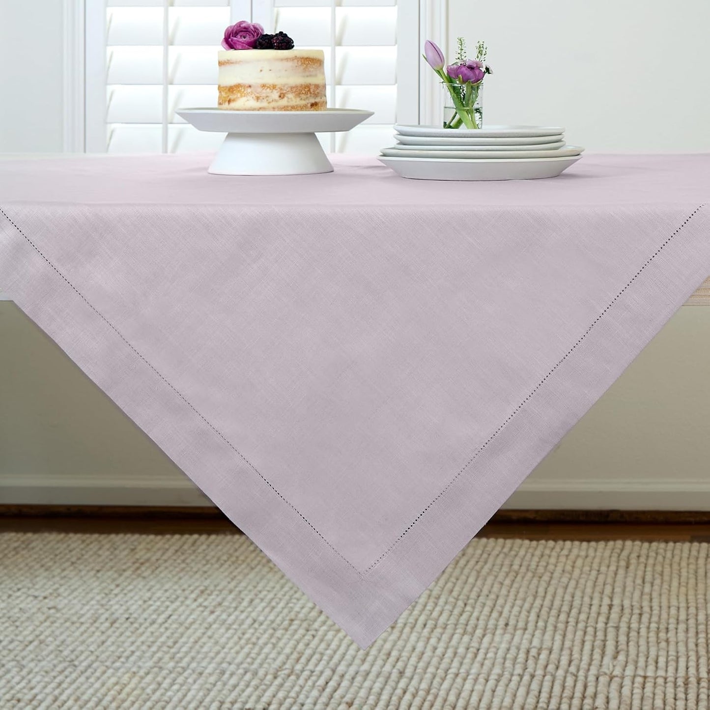 Solino Home Lilac Linen Tablecloth 52 x 52 Inch - 100% Pure Linen Square Table Throw - Classic Hemstitch, Machine Washable Table Cloth for Fall, Autumn, Thanksgiving, Christmas