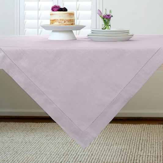 Solino Home Lilac Linen Tablecloth 52 x 52 Inch - 100% Pure Linen Square Table Throw - Classic Hemstitch, Machine Washable Table Cloth for Fall, Autumn, Thanksgiving, Christmas