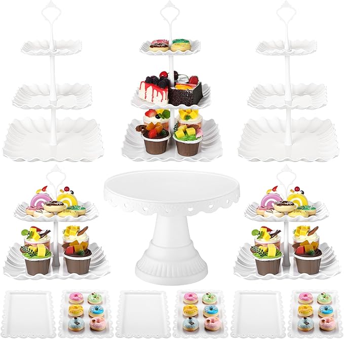 Willinglong 12 Pcs Dessert Cupcake Stand Holder, Cake Table Display Set Include 5 Cupcake Stand Tiered Tower 1 Cake Holder 6 Serving Tray Combo for Tea Party Birthday Baby Shower Wedding(White,White)