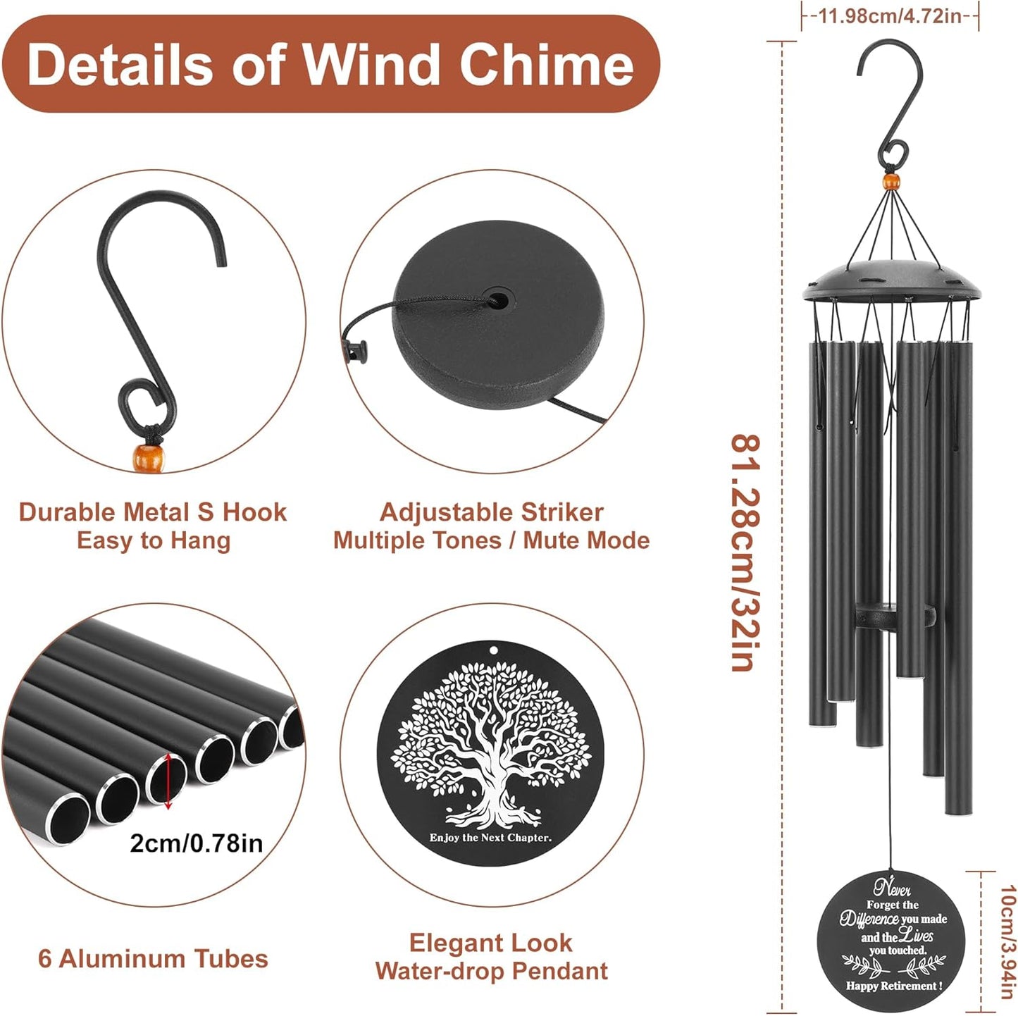 Retirement Gift for Woman Men, 32" Wind Chimes Retired Gifts,Happy Retirement Gifts for Women Coworker Colleague Boss Teachers Nurses Friends, Gift Retirement Decorations (Black)
