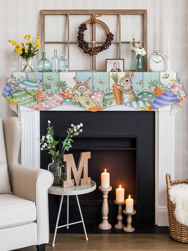 Easter Fireplace Mantel Scarf Table Runner, Spring Rabbit Eucalyptus Leaves Eggs Wooden Winter Garland Mantel Top Tablerunners Dresser Scarves Cover Decorations for Windows Party Living Room 60''x17''