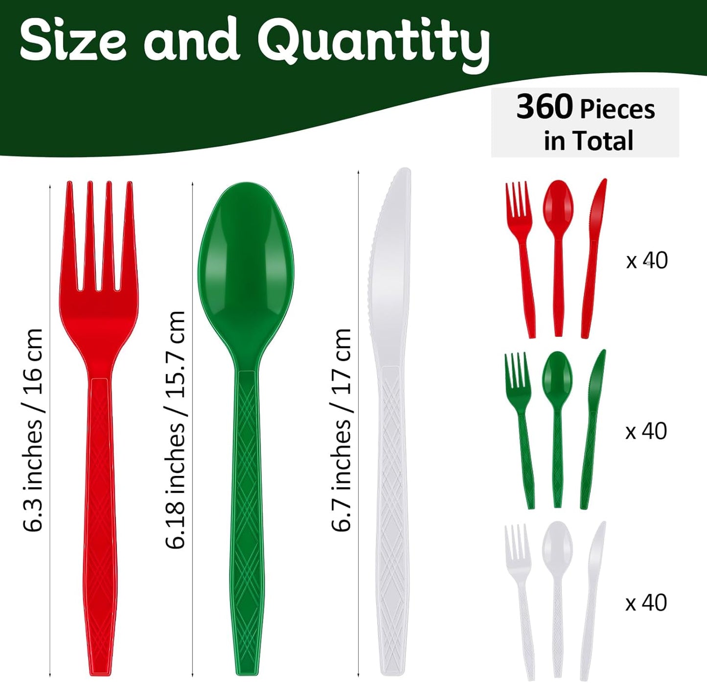 360 Pcs Christmas Silverware Disposable Flatware Cutlery - Red, Green, White Forks, Knives and Spoons Set - Plastic Serving Silverware for Holiday Party Supplies