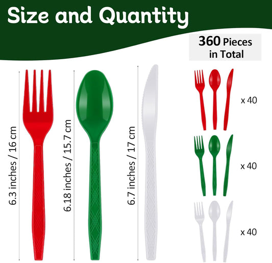 360 Pcs Christmas Silverware Disposable Flatware Cutlery - Red, Green, White Forks, Knives and Spoons Set - Plastic Serving Silverware for Holiday Party Supplies