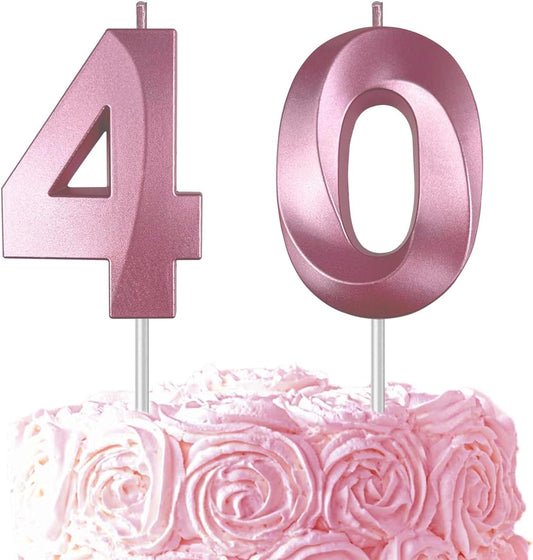 Pink Number 40 Candles, 3D Diamond 2.76 Inch Cake Topper Birthday Candles for Wedding Anniversary Cake Decorations, Happy Birthday Party Decorations