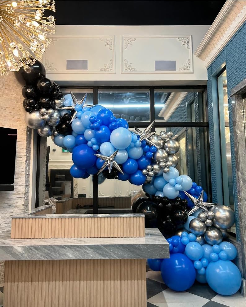 Blue and Black Balloon Arch Kit, 201Pcs Explosion Star Royal Blue Metallic Sliver Black Balloon Garland kit, Different Size Balloons for Anniversary Birthday Graduation Prom Party Decorations