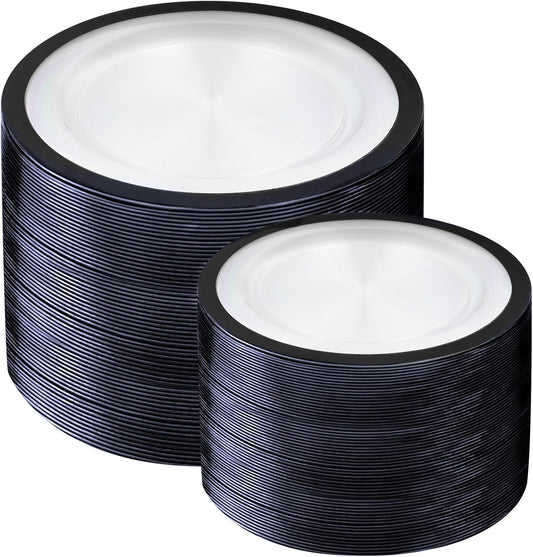 U-QE 200 Pcs Black Plastic Plates for Party - Black Plates Disposable Heavy Duty - Include 100 Dinner 10'' & 100 Dessert 7'', Perfect for Party & Wedding (Heavyweight)