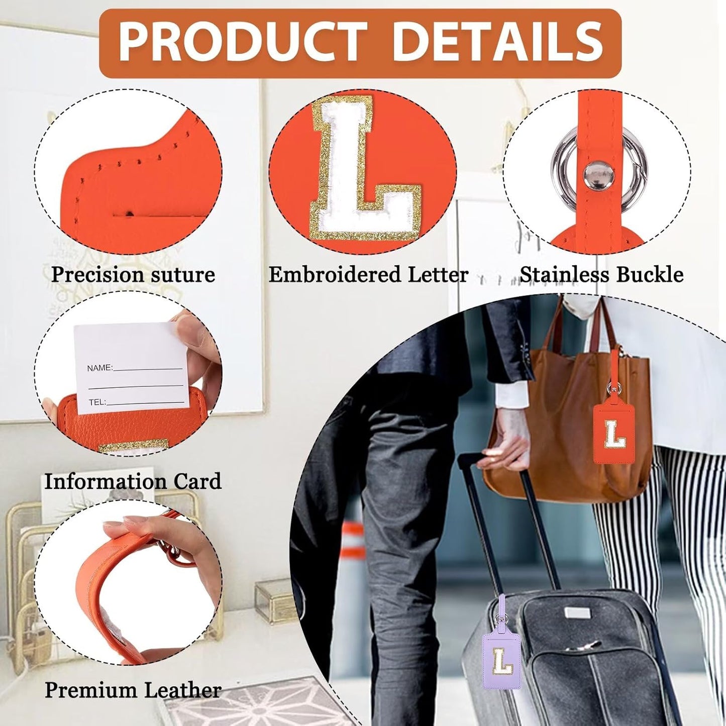 Personalized Initial Luggage Tags for Suitcases, Leather Chenille Letter Cute Luggage Tags with Privacy Name Card, Embroidered Travel Bag Backpack Tags Gifts for Women Kids Girls Teens(Orange-L)
