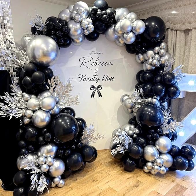 Black and Silver Balloons Arch Kit, 162pcs Different Sizes with Black Metallic Silver Confetti Balloons for Prom Anniversary Birthday 2025 Graduation Party Decorations
