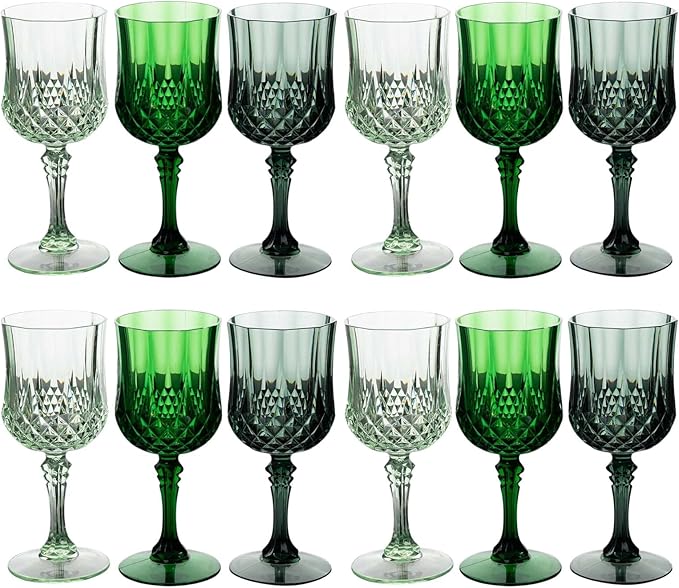 Efavormart 12 Pack Assorted Green Crystal Cut Reusable Plastic Wine Glasses, Shatterproof Cocktail Goblets 8oz