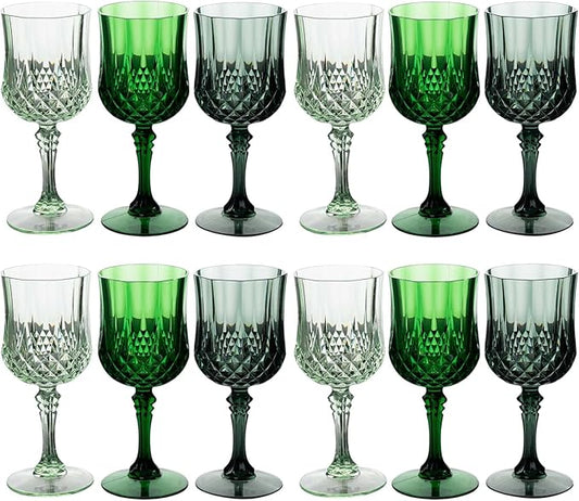 Efavormart 12 Pack Assorted Green Crystal Cut Reusable Plastic Wine Glasses, Shatterproof Cocktail Goblets 8oz