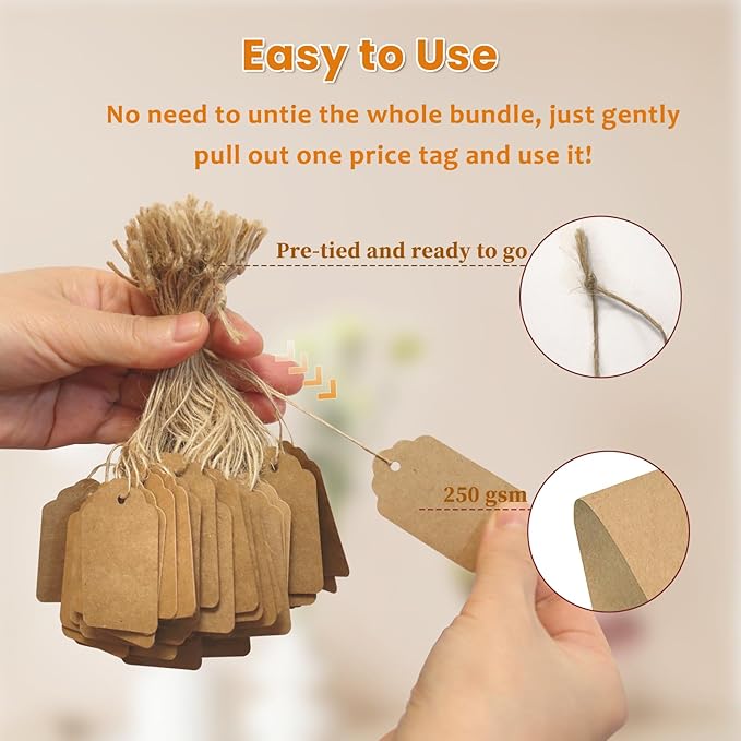 Brown Price Tags with String 1000 PCS, 1.375 x 2.125 Inches, Goefun Kraft Paper Hang Tags for Gift Bags, Hanging, Clothing, Jewelry, Garage/Yard Sale, Inventory, 250 GSM