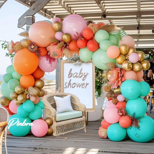 Pinbra Pastel Balloons Garland Kit Coral Pink Teal Blue Balloons Double Stuffed Light Green Orange Gold Metallic Latex Arch for Tropical Hawaii Luau Birthday Baby Shower Christmas Party Decorations