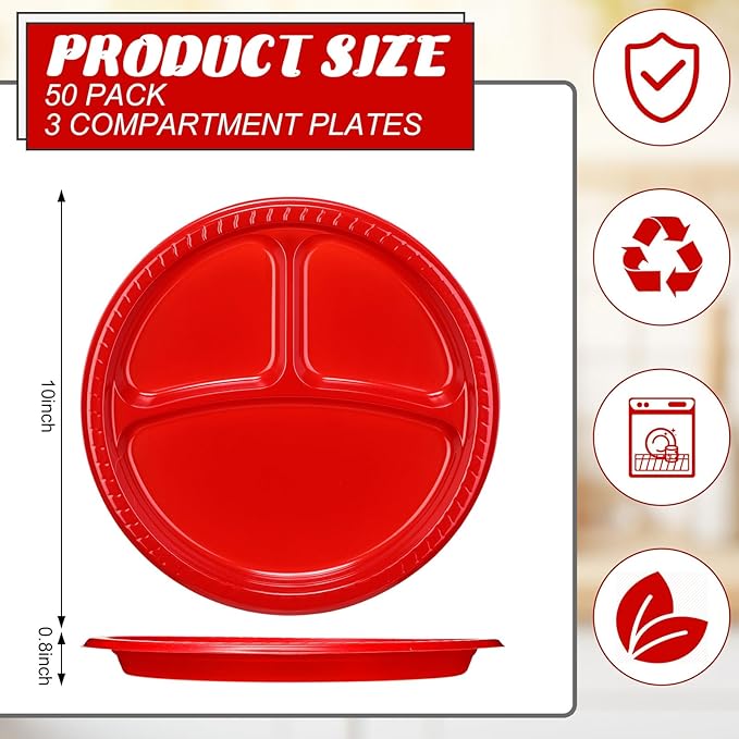50 Pcs 10 Inch Plastic 3 Compartment Divided Plates Heavy Disposable Plates Duty Round Dinner Plates with Dividers for Wedding Birthday Party Dinnerware(Red)