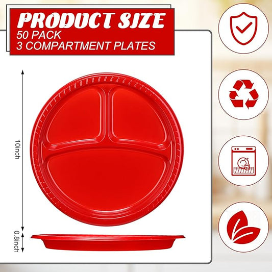 50 Pcs 10 Inch Plastic 3 Compartment Divided Plates Heavy Disposable Plates Duty Round Dinner Plates with Dividers for Wedding Birthday Party Dinnerware(Red)