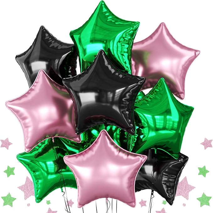 Pink Green Black Star Foil Balloon, 10PCS Halloween Foil Stars Shape Balloons, 18 Inch Large Metallic Stars Balloons Pentagram Balloon for Birthday, Princess, Baby Shower, Witch Party Decorations