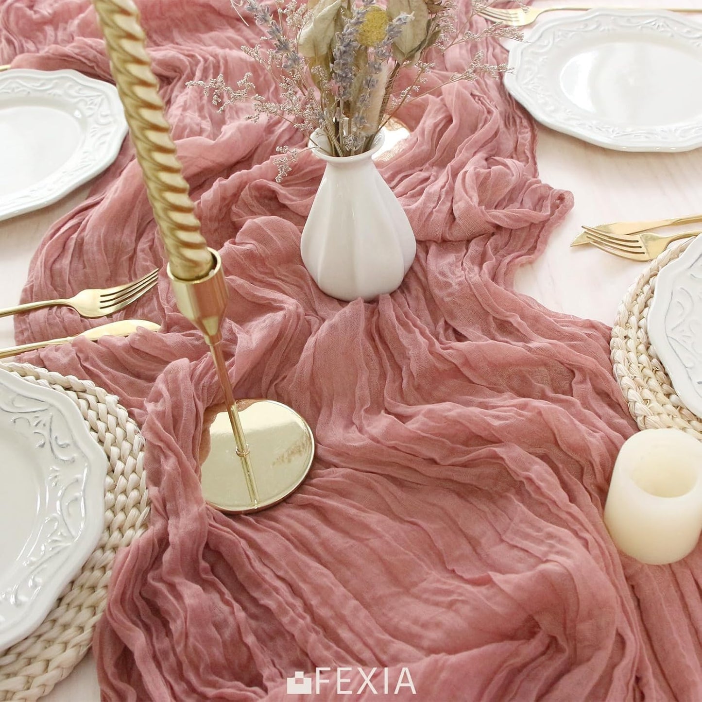 FEXIA 10 Pack Rose Pink Table Runner 35x120 Inches for Baby Shower Decoration Spring Easter Table Runner for Wedding Party First Communion Centerpiece Engagement Bridal Shower Boho Decoration
