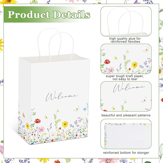 Sweetude 50 Pieces Wildflower Welcome Bags for Wedding Guests Gift Paper Bridal Baby Shower Favor Wedding Welcome Bags with Handles Wildflower for Retail Party Shopping