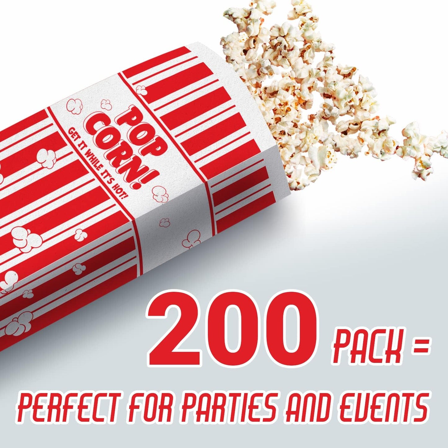 Leak-proof, Grease Resistant Popcorn Bags 200 Pack. Tear Resistant, Single Serving 2oz Paper Sleeves in Nostalgic Red/White Design. Great Movie Theme Party Supplies, Retro Carnivals & Fundraisers