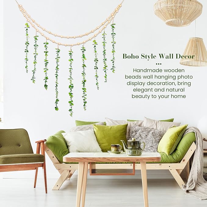 TXIN Hanging Photo Display Holder Wall Decor with Wooden Cards Clips, Boho Style Picture Frame Wood Beads Garland Artificial Eucalyptus Plant Home Decoration for Farmhouse Greenery Cubicle Bedroom