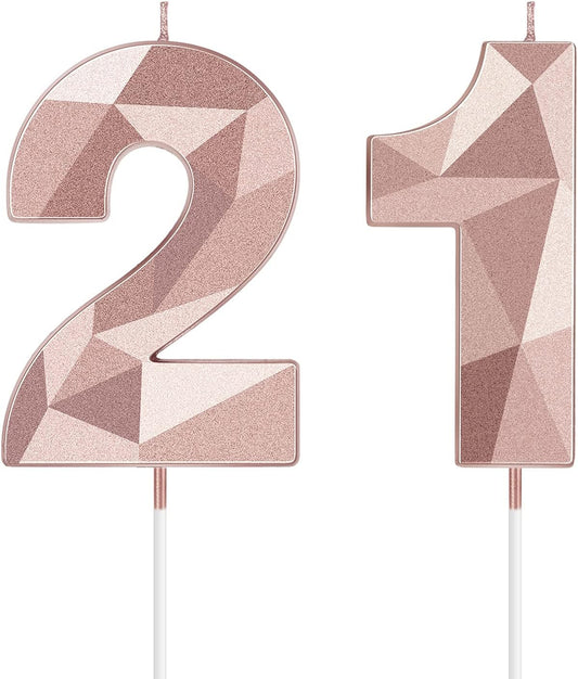 Nuanchu 21st &12th Number Birthday Candles 3D Diamond Shape Numeral Candles Happy Birthday 21 Cake Topper for Wedding Decoration Theme Party Anniversary, 2 Inch (Rose Gold)