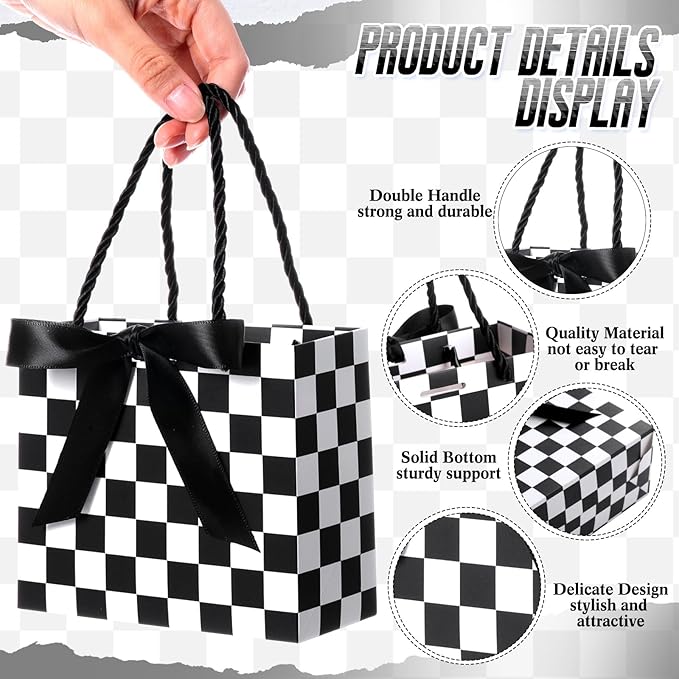 Moinchore 30 Pcs Checkered Racing Treat Bags with Handles 5.5 x 4.7 x 2.5 in Black and White Race Car Party Favor Checkered Goodie Gift Bags Bulk for Candy Cookies Snacks, Speedway Birthday Decoration
