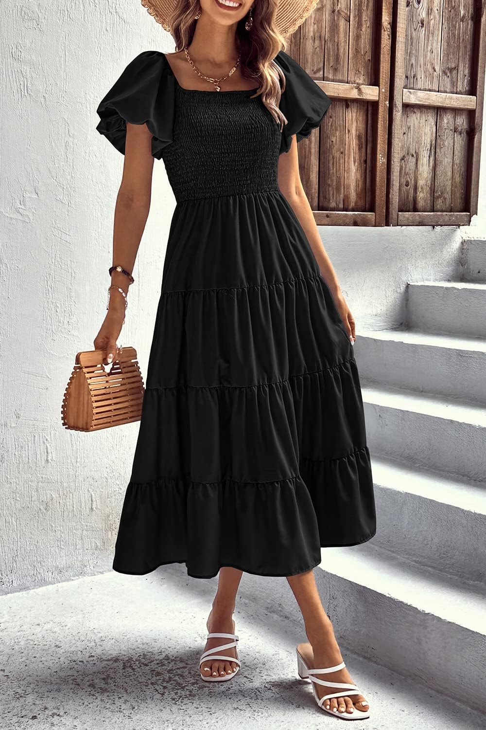 PRETTYGARDEN Women's Casual Summer Midi Dress Puffy Short Sleeve Square Neck Smocked Tiered Ruffle Dresses