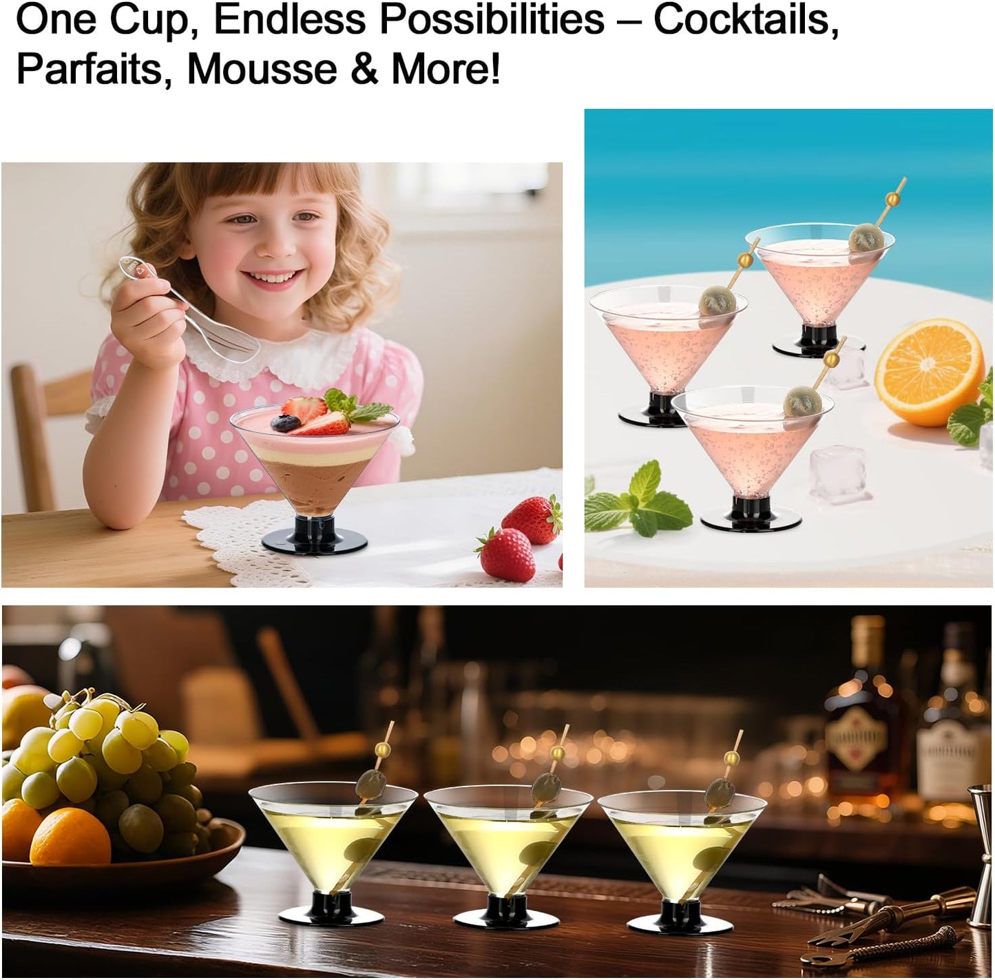 50 Pcs Mini Stemless Martini Glasses Set with 100 Cocktail Picks and 50 Mini Spoons, 5 oz Plastic Martini Glasses Disposable, Clear Martini Cups for Parties, Weddings,Holidays, Catering