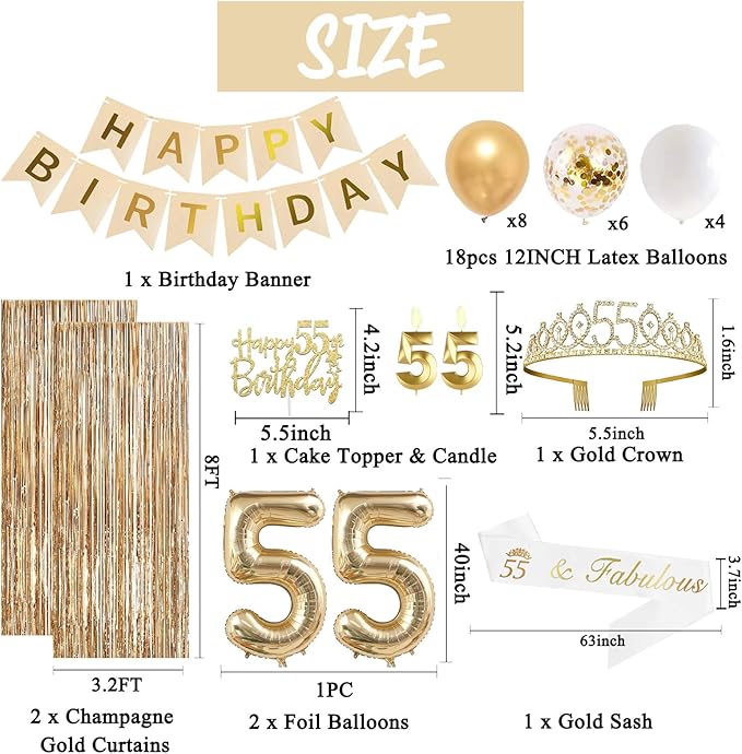 Trgowaul 55th Birthday Decorations for Women, Banner, Sash and Crown, Cake Topper, 55 Number Balloon, Fringe Curtains, Champagne Gold 55th Birthday Party Supplies