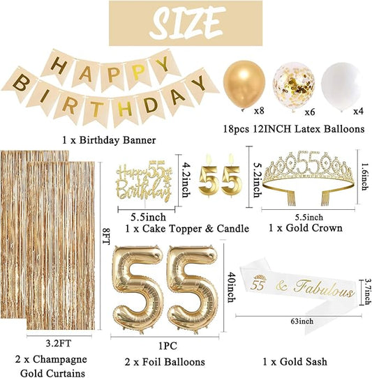 Trgowaul 55th Birthday Decorations for Women, Banner, Sash and Crown, Cake Topper, 55 Number Balloon, Fringe Curtains, Champagne Gold 55th Birthday Party Supplies