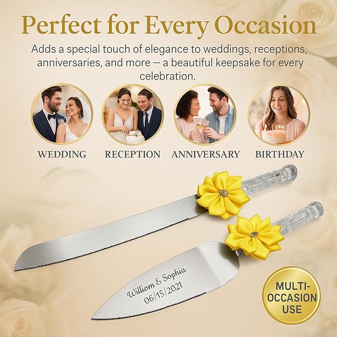 GIFTS INFINITY Personalized Wedding Cake Knife and Server Set with Engraving – Cake Cutting Utensil Set, Keepsake Gift for Wedding, Anniversary, Reception, Birthday & Other Occasions (Lime Yellow)
